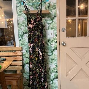 Anthropologie Black Floral Maxi Dress with Pink & Green Print